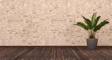Waiting brick wall, old parquet floor  room with plant,3d Rendering