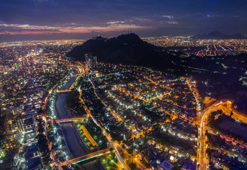 Skyline of Santiago de Chile with modern office buildings at financial district in Las Condes.