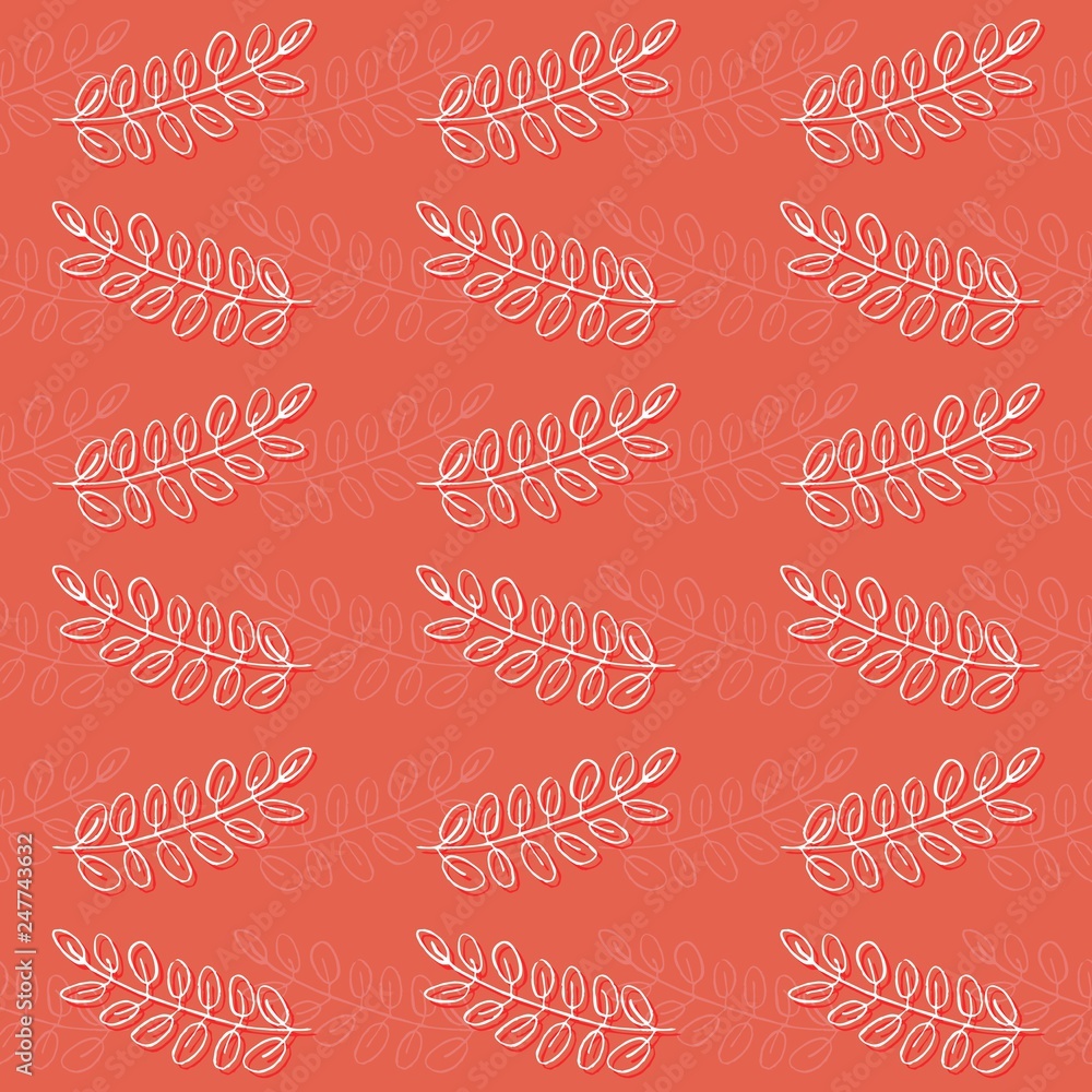 Poster delicate leaves zig zag rows on coral background monochrome graphic spring summer autumn seamless pa