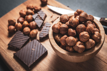 Black chocolate with hazelnuts
