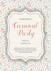 Carnaval Party invitation card with funny decorations. Vector