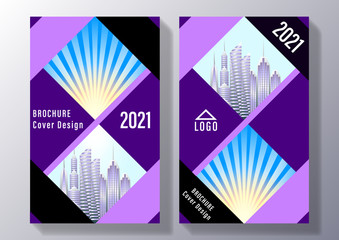 Broshure cover design: skyscrapers, cityscape on on the background of geometric shapes of rhombuses