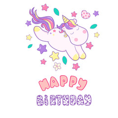 Kawaii cute unicorn sflies and different magic elementsdreams pastel color and lettering Happy Birthday, heart shaped