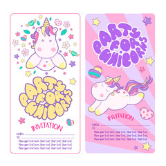 Cute unicorns different magic elements illustration for party invitation card template
