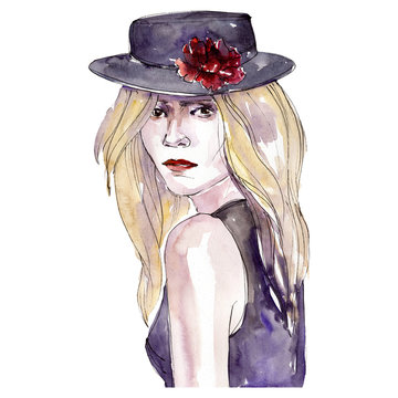 Woman in black hat sketch glamour illustration in a watercolor style isolated element. Watercolour background set.