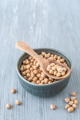 Kichererbsen in einer Schüssel auf einem hellen Holzuntergrund