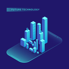 Fototapeta premium Smartphone with graphs in isometric design style on colored background. Graphic concept for your design.