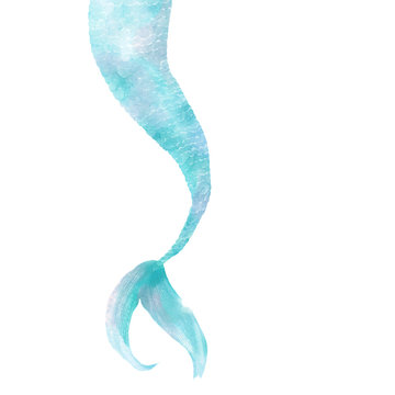 Blue and pink watercolor hand drawn mermaid tail isolated at white background. Fairytale magic sea creature.