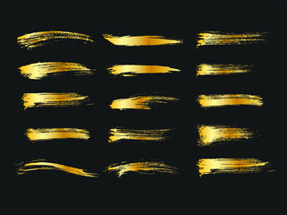 Set of golden paints, metalic gradient brush strokes, brushes, lines. Artistic design elements.