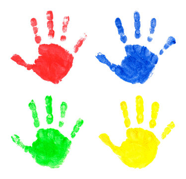Set of multi-colored prints of children's palms. The prints are made with finger paints. Illustration.