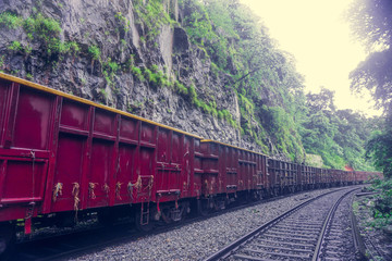 Obraz premium Railway and freight train passing through the jungle and mountains and going to the Dudh Sagar waterfall. Karnataka, India