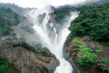 The huge waterfall Dudsagar in the wild jungle. Karnataka, India