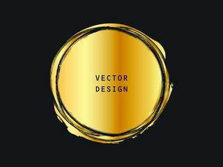 Metalic gold circle shape. Label, logo design element, frame. Brush abstract wave. Vector illustration.