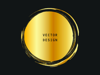 Metalic gold circle shape. Label, logo design element, frame. Brush abstract wave. Vector illustration. - 247748003