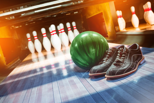 Bowling. Alley, Ball, Pins And Shoes