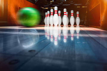 bowling pins and balls. copy space. - obrazy, fototapety, plakaty