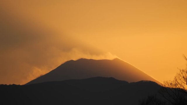 Tokyo,Japan-February 6, 2019: (quadruple speed) Moving clouds along the summit of Mt. Fuji at sunset