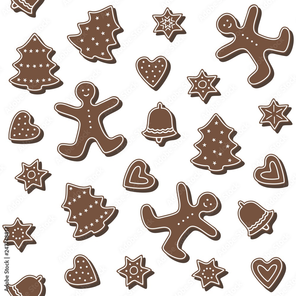 Poster messy different shaped gingerbread cookies isolated vector holiday seamless pattern on white backgro
