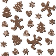 messy different shaped gingerbread cookies isolated vector holiday seamless pattern on white background