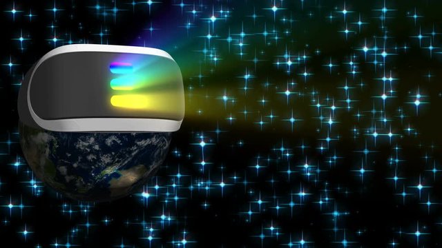 planet earth with a virtual reality helmet rotates around its axis radiating rainbow light on a black background with blue stars. The presence of black and white alpha channel transparency