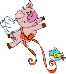 Cute pig flying with bird