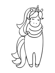 Cute little unicorn is cuddling yourself. Black and white vector isolated illustration for coloring book