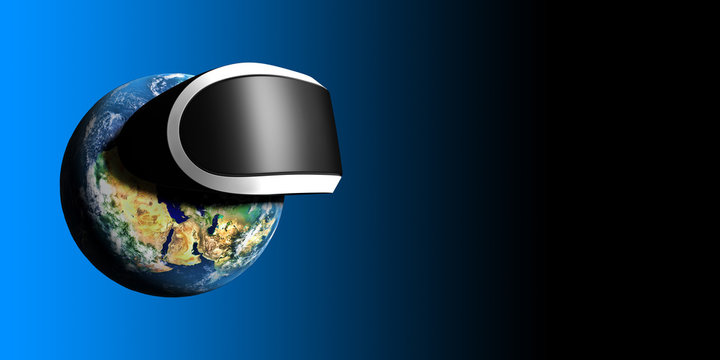 Planet Earth in a virtual reality helmet on a black-blue background, 3d illustration