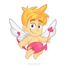 Cute cartoon cupid baby boy character with wings holding bow and arrows
