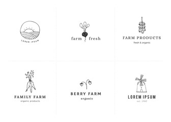 Fototapeta na wymiar Vector farm logo templates set. Minimal hand drawn objects.
