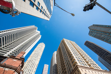 Fototapeta na wymiar Up view in financial districtg, Chicago, USA