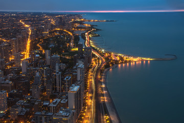 Chicago skyline aerial view at dusk, United States