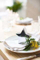 Beautiful springtime table setting with green leaves and mimosa branches, bright white table dinner decoration