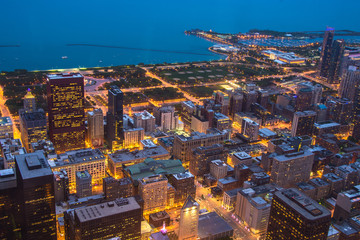 Chicago skyline aerial view at dusk, United States