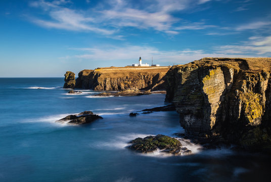 Noss Head lighthouse, Highlands shores of Northern Sea. Scotland.