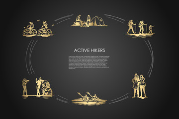 Active hikers - people riding bicycles, having rest with camping in forest, hiking with family, orienting with map, driving kanoe, taking photo vector concept set