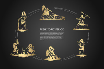 Prehistoric people - men and women aborigines carrying killed animal, throwing spear, standing with bludgeon, processing skin, making fire vector concept set