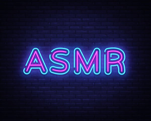 ASMR Neon Text Vector. Autonomous sensory meridian response neon sign, design template, modern trend design, night neon signboard, night bright advertising, light banner, light art. Vector
