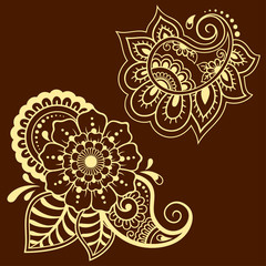 Set of Mehndi flower pattern for Henna drawing and tattoo. Decoration in ethnic oriental, Indian style.