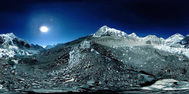 360 vr of the Everest Base camp at Khumbu glacier. Khumbu valley, Sagarmatha national park, Nepal of the Himalayas. EBC track route near Gorak Shep.