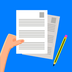 Flat vector illustration of a hand with some documents and a pencil on a blue background