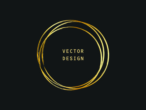 Metalic gold circle shape. Label, logo design element, frame. Brush abstract wave. Vector illustration.