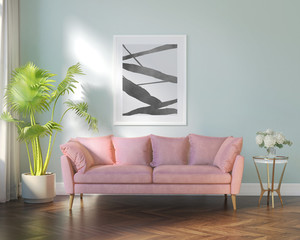 Contemporary Parisian interior with canvas and salmon pink sofa- This is a 3d rendering! The art print is created by me