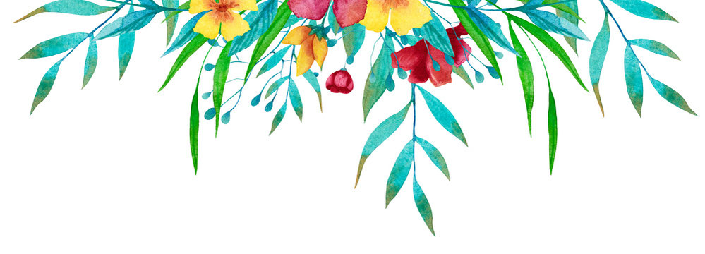Watercolor border with flowers, leaves and branches. Hand drawn illustration. © Daria Pneva
