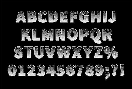 Vintage dotted sans serif font on black background. Capital letters with numbers.