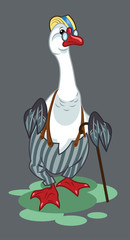 Portrait of a goose in trousers with suspenders and a cane