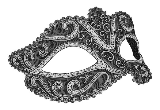 Richly decorated carnival mask, gray with silver, on a white background. Detailed drawing by hand.