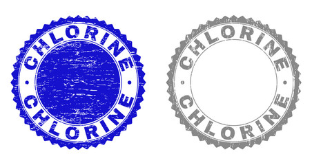 Grunge CHLORINE stamp seals isolated on a white background. Rosette seals with grunge texture in blue and gray colors. Vector rubber stamp imprint of CHLORINE caption inside round rosette.