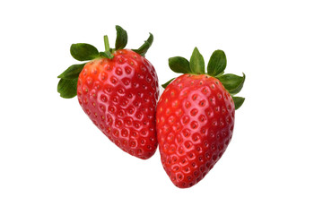 Composition of two delicious ripe fresh strawberries with bright green leaves on a neutral white background.
