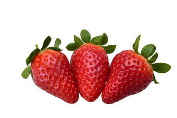 Composition of three delicious ripe fresh strawberries with bright green leaves on a neutral white background.