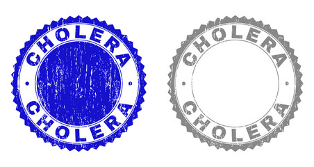 Grunge CHOLERA stamp seals isolated on a white background. Rosette seals with grunge texture in blue and grey colors. Vector rubber stamp imprint of CHOLERA text inside round rosette.